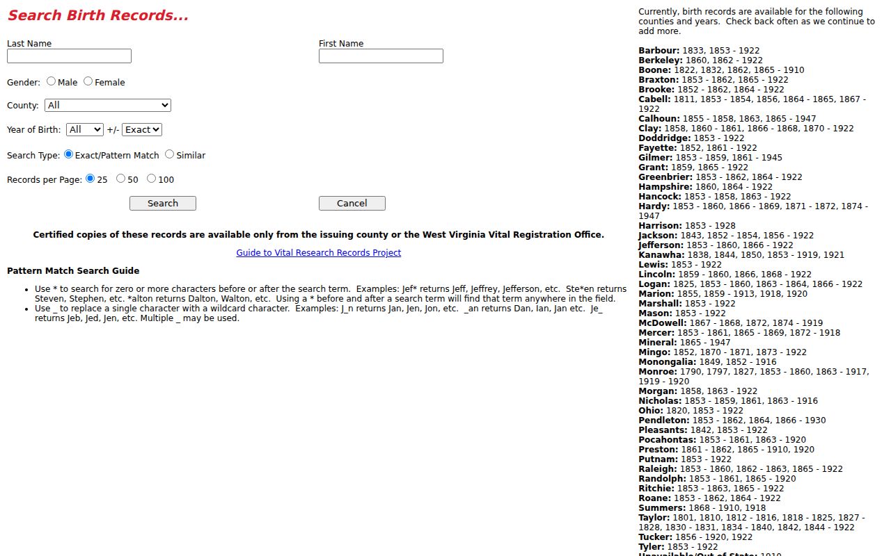 West Virginia historical birth index used for a Kanawha County resident lookup