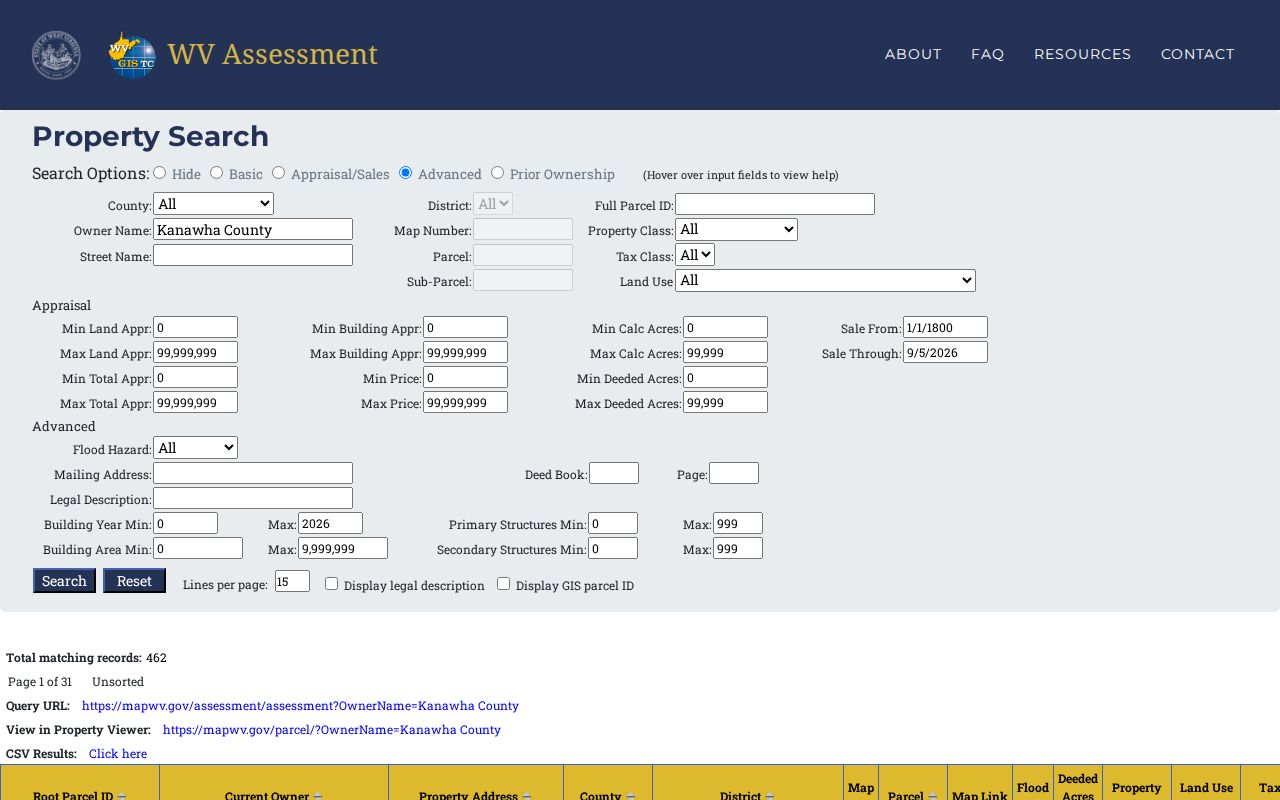 MapWV assessment search used to compare Kanawha County parcel and address records