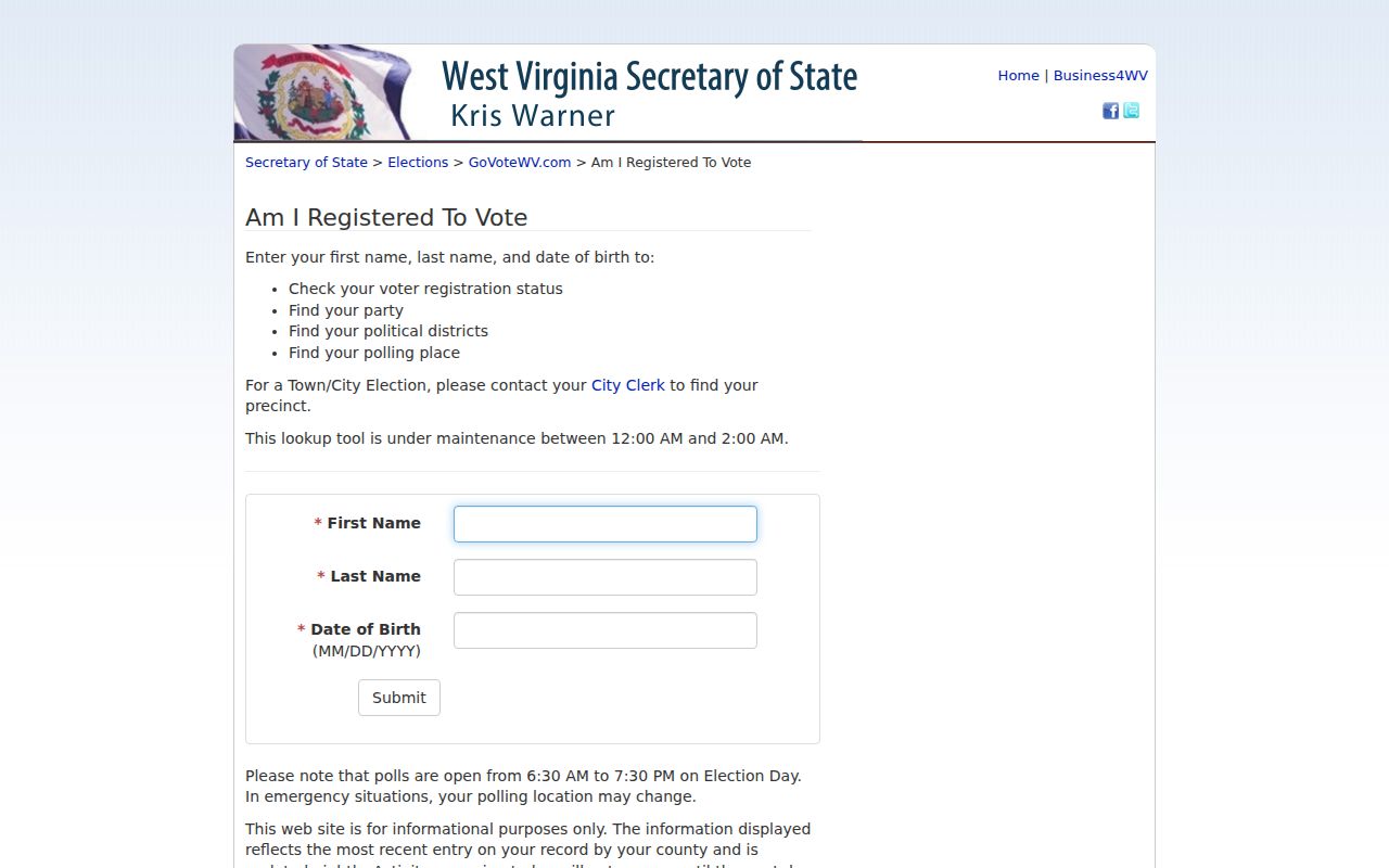 GoVoteWV voter registration form with name and birth-date fields